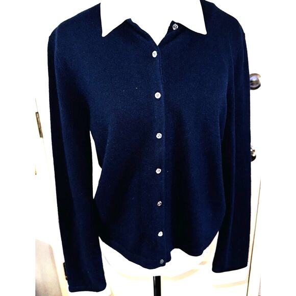 Ralph Lauren Merino Angora Blend Cardigan Navy Sweater Removable Collar & Cuffs - Picture 1 of 8